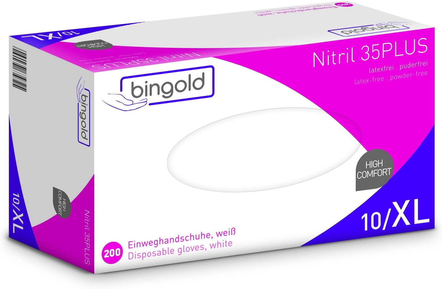 Bingold 634504 Nitrile Plus 200 Bodyshaping CE CAT III Disposable Powder Free Gloves – Extra Large, White (Pack of 200)