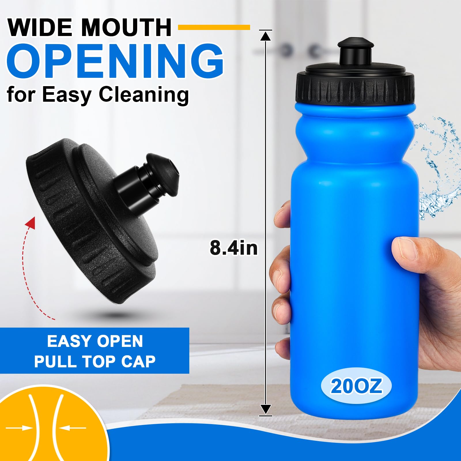 Lot de 50 bouteilles d'eau de sport de 591 ml - Réutilisables - En plastique sans BPA - Pour grands événements sportifs - Garçons et filles - Adultes (bleu-noir)