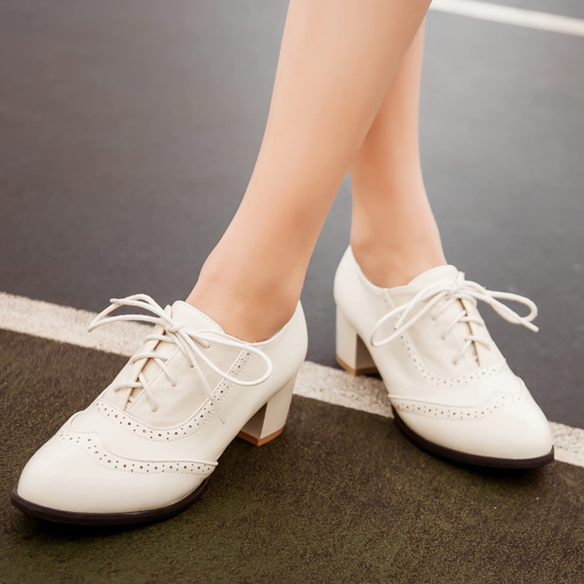 Oxfords à Talons Carrés pour Femmes, Pompe à Talon Moyen Bout Rond Lacets Chaussures Richelieu Classique, Taille 31-52