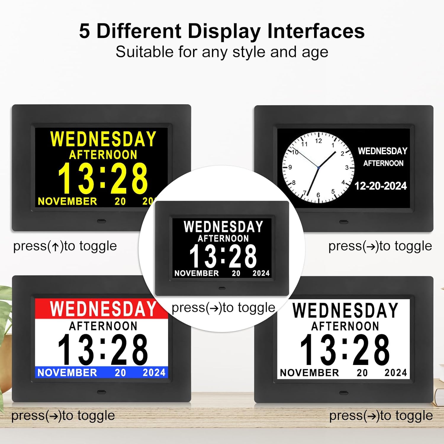 Johnziny 7 Inch Digital Clock with Day and Date for Elderly Large Display Digital for Elderly Dementia Clock Alarms, 12 Alarms and 8 Tags,4 Colors Display Calendar Alarm Clock(Black)