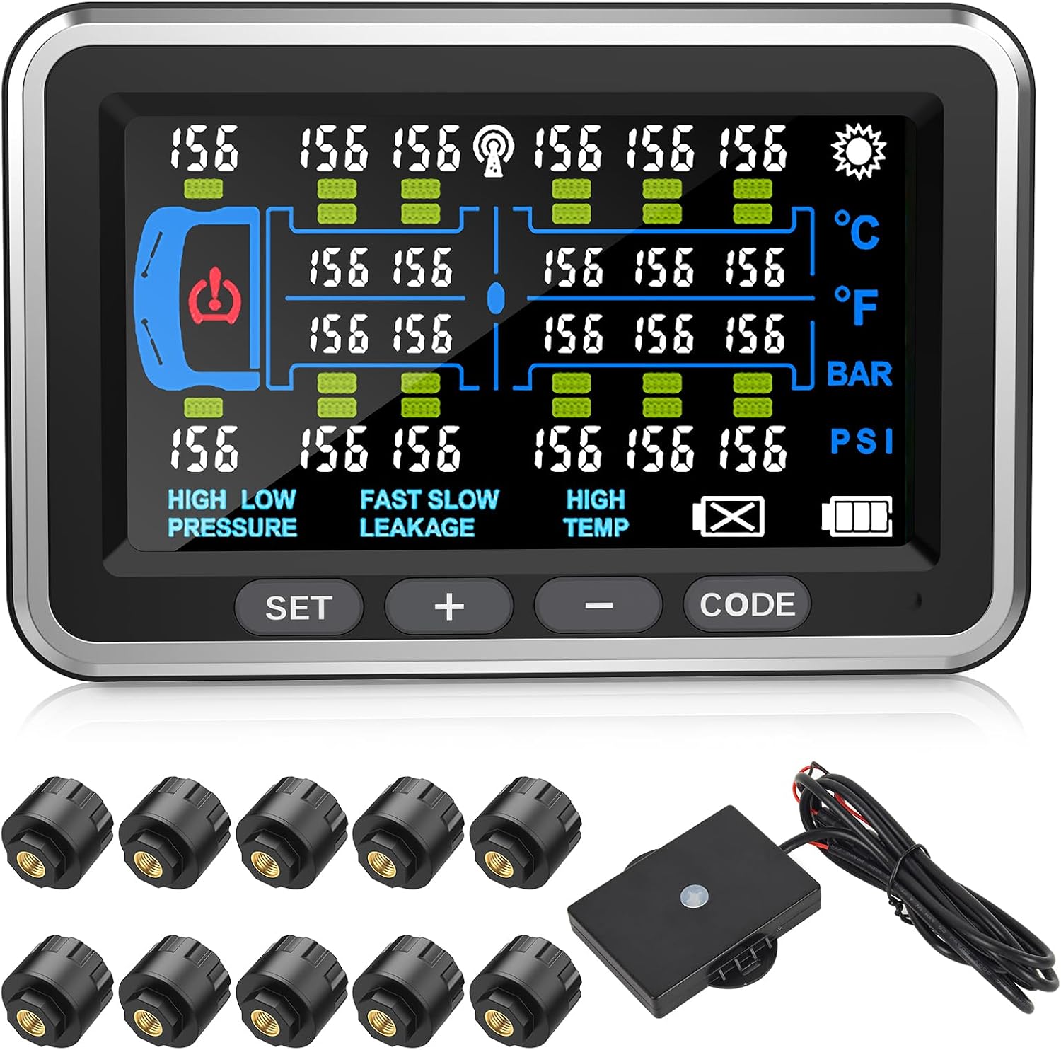 Truck tire Pressure Monitoring System (0-188PSI) 4.5-inch Screen with 10 Sensors, TCM22 Trailer/RV TPMS Color Display 6 Alert Modes,with Signal Booster tpms for Truck (10 Sensors)