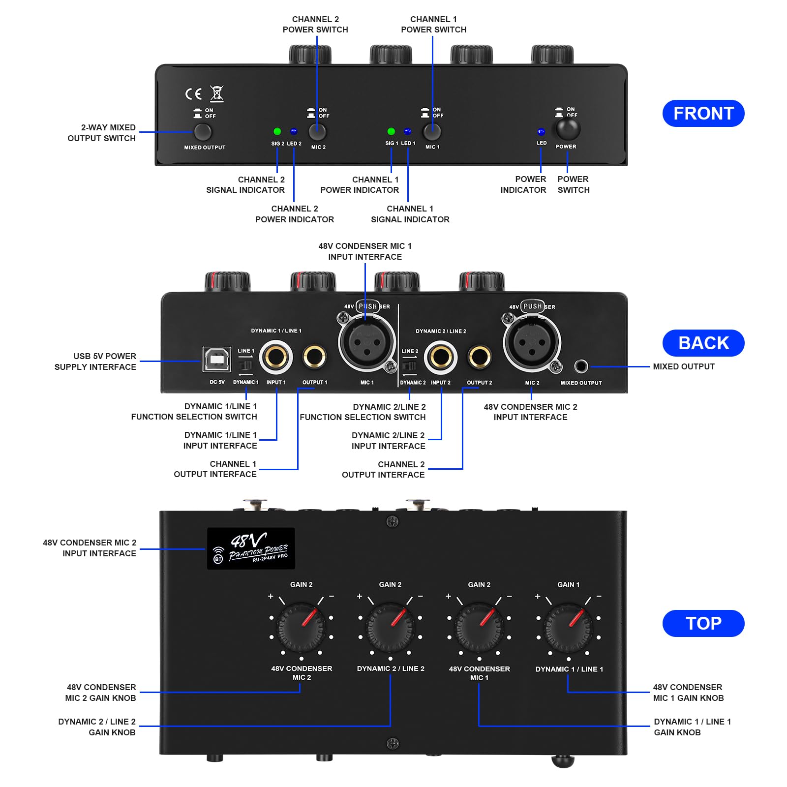 Preamplificatore microfono Booster 4 ingressi Max 25db DI Box con alimentazione phantom 48V per microfono dinamico e a condensatore (MC02)