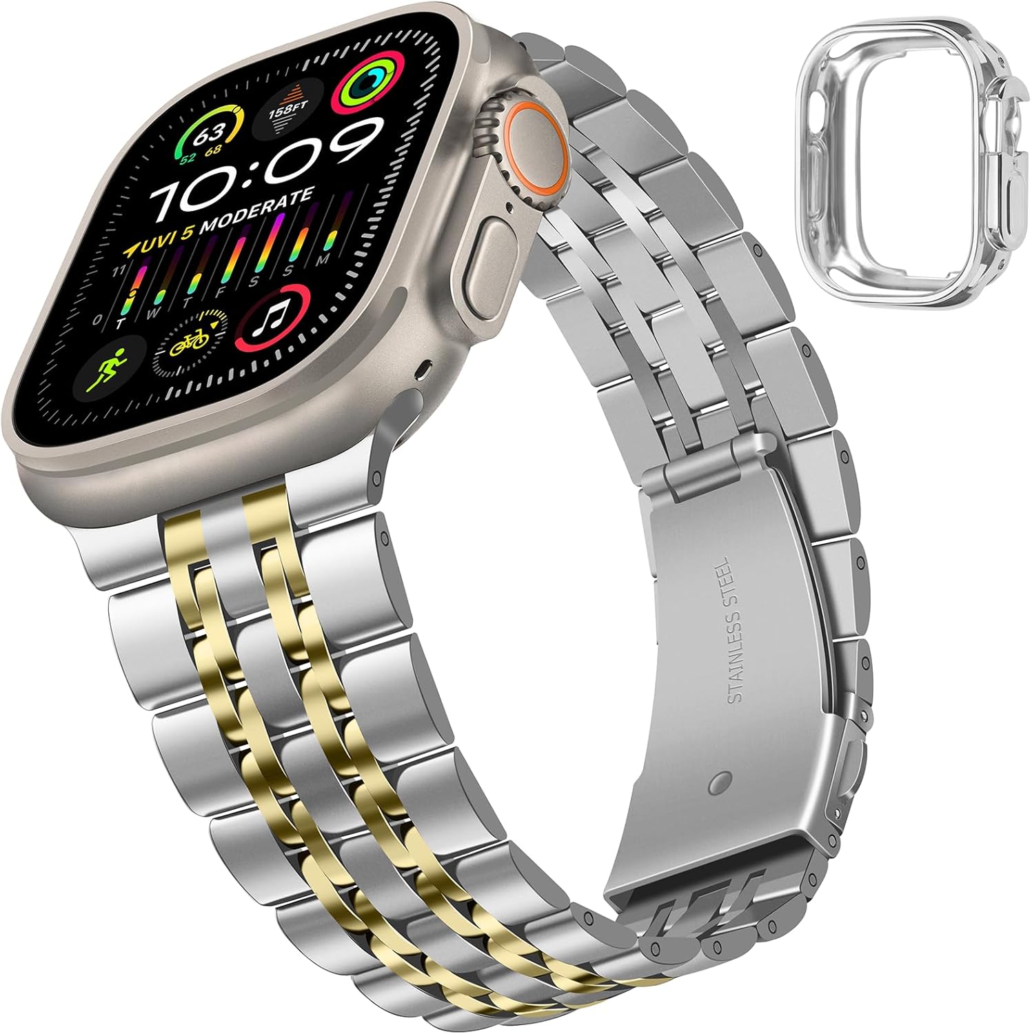 Tasikar Band Compatible with Apple Watch Ultra 3 Band 49mm, Men Women Strap Solid Stainless Steel Metal Bracelet Compatible with Apple Watch Ultra 2/1 49mm, Silver-Gold - Image 2