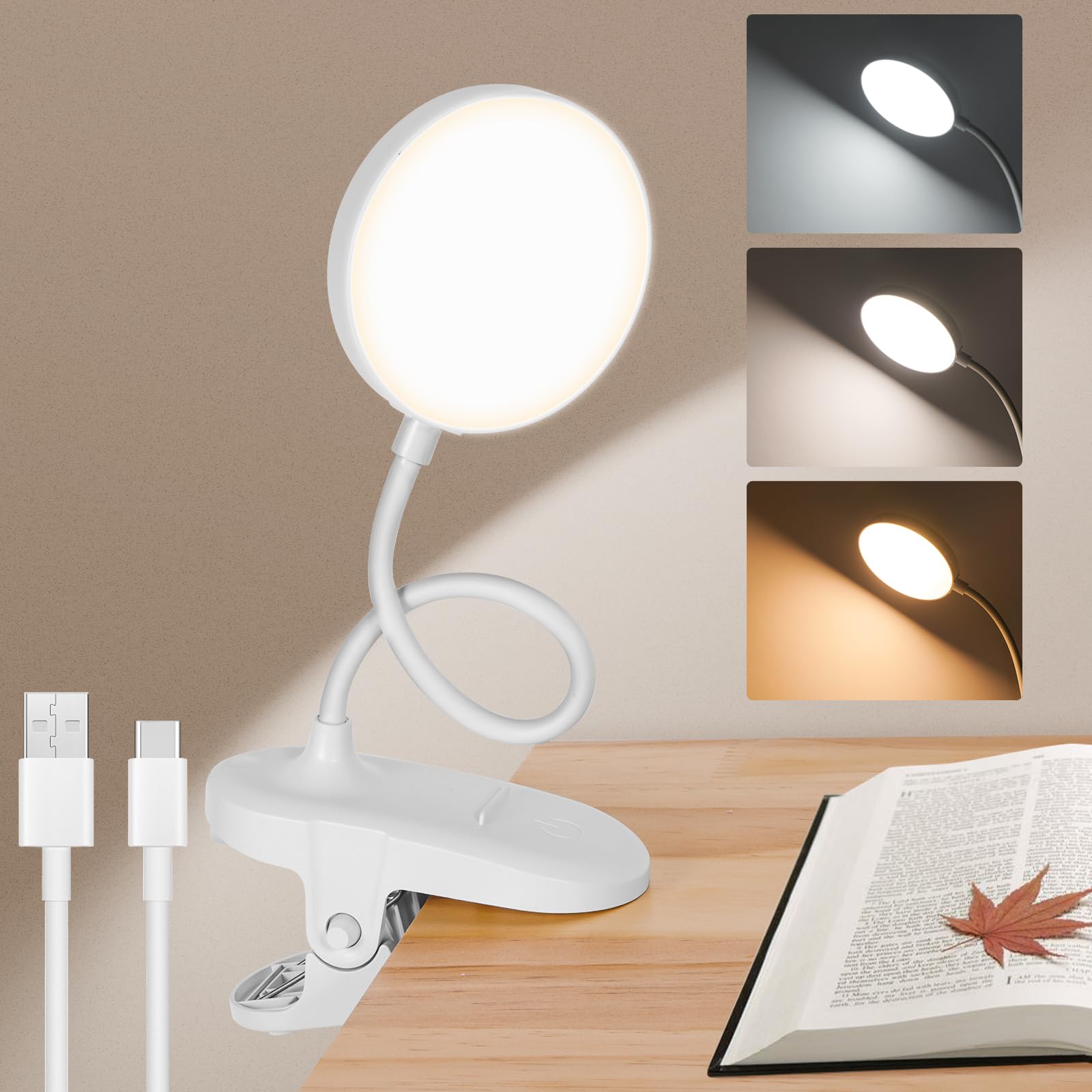 YIIFELL Luz Lectura, 3 Colores Luz para Leer Libros en la Cama Regulable Brillo Lampara Pinza Cabecero Cama Lampara Lectura Cama Pinza Para Cabecera, Oficina, Niños