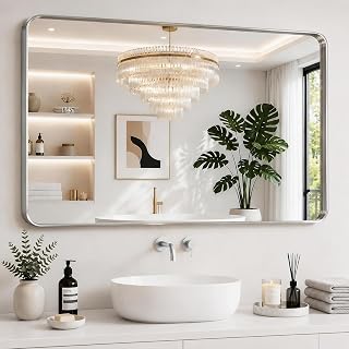 Bathroom Mirrors for Over Sink,1Pcs 30x48Inch Vanity Mirrors for Wall,Silver Metal Frame Rectangle Mirrors for Bathroom Farmhouse Restroom,Hangs Horizontally or Vertically