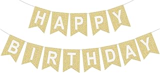 Fabric Happy Birthday Banner Gold, Pre-strung Glitter Birthday Sign for Birthday Party Decorations supplies