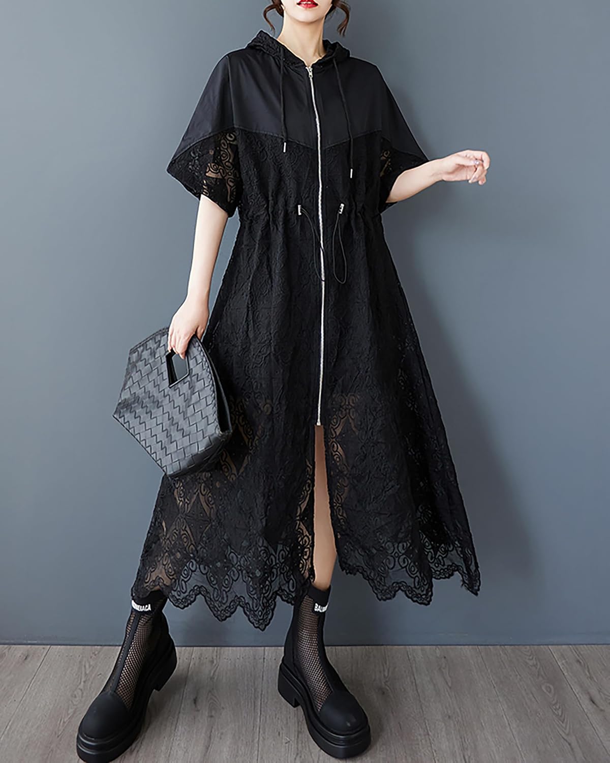 ellazhu Women's Dress Hooded Short Sleeve Hollow Out Flower Petal Patchwork Zip Up GZ495 image 5