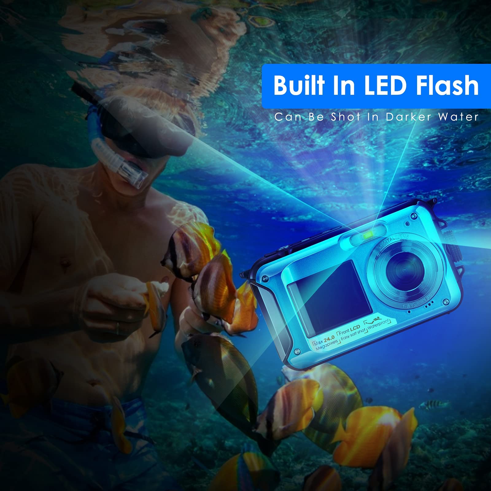 Appareil Photo Etanche FHD 2.7K 24MP Caméra sous-Marine Zoom Digital 16X Camera Etanche avec Double écran Microphone LED Retardateur, Appareil Photo Numérique pour Enfants Élèves Débutants