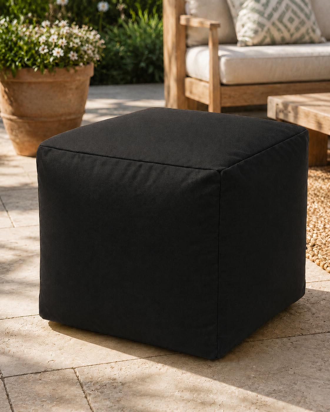 INSAFIANS Waterproof Bean Bag Footstool Square Pouffe Outdoor Ottoman for Garden & Living Room (Black)