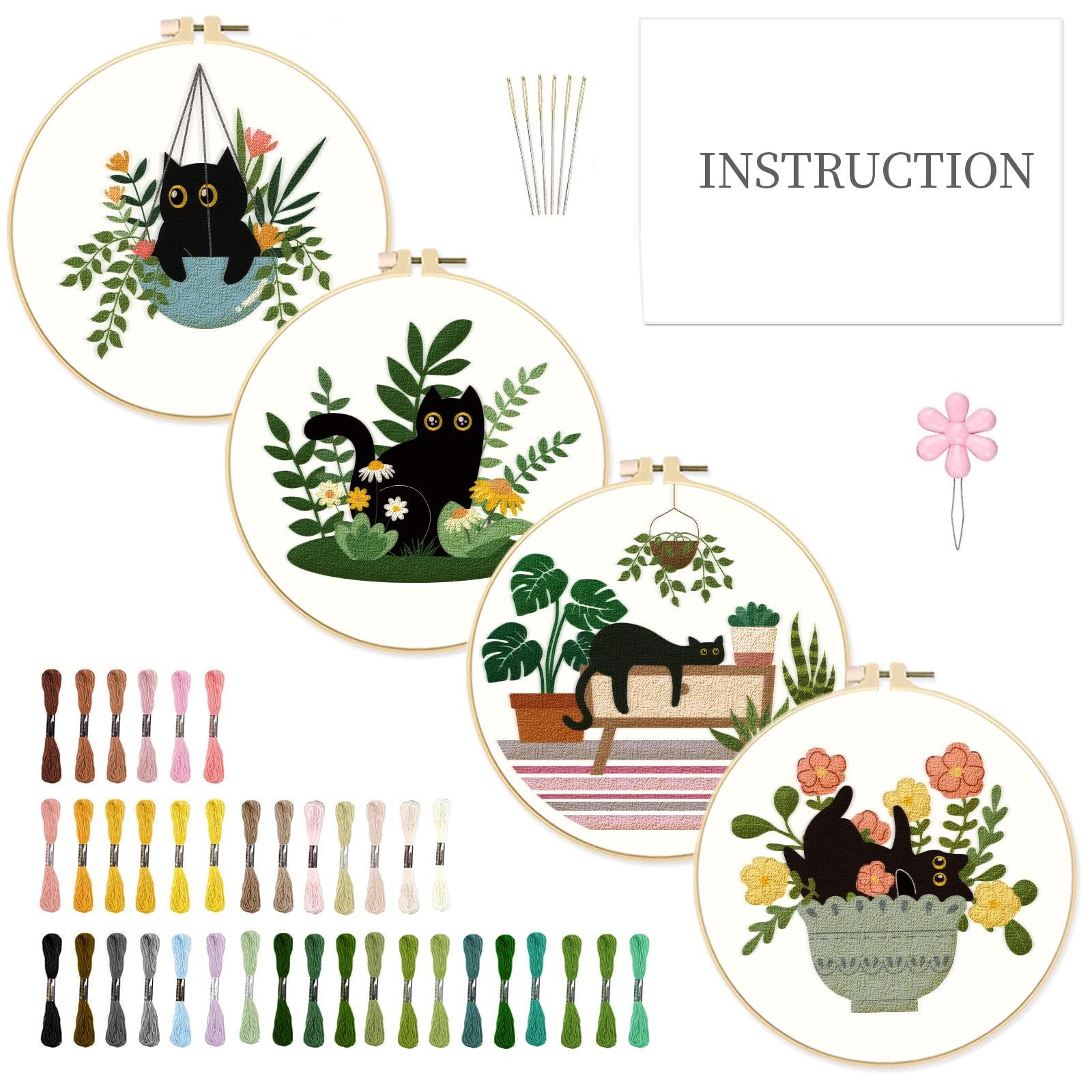 INFUNLY Kit de bordado de 4 juegos con patrón de gato para principiantes, juego de bordado de gato para principiantes, kit de punto de cruz para adultos, con aros de bordado de plástico, hilos y