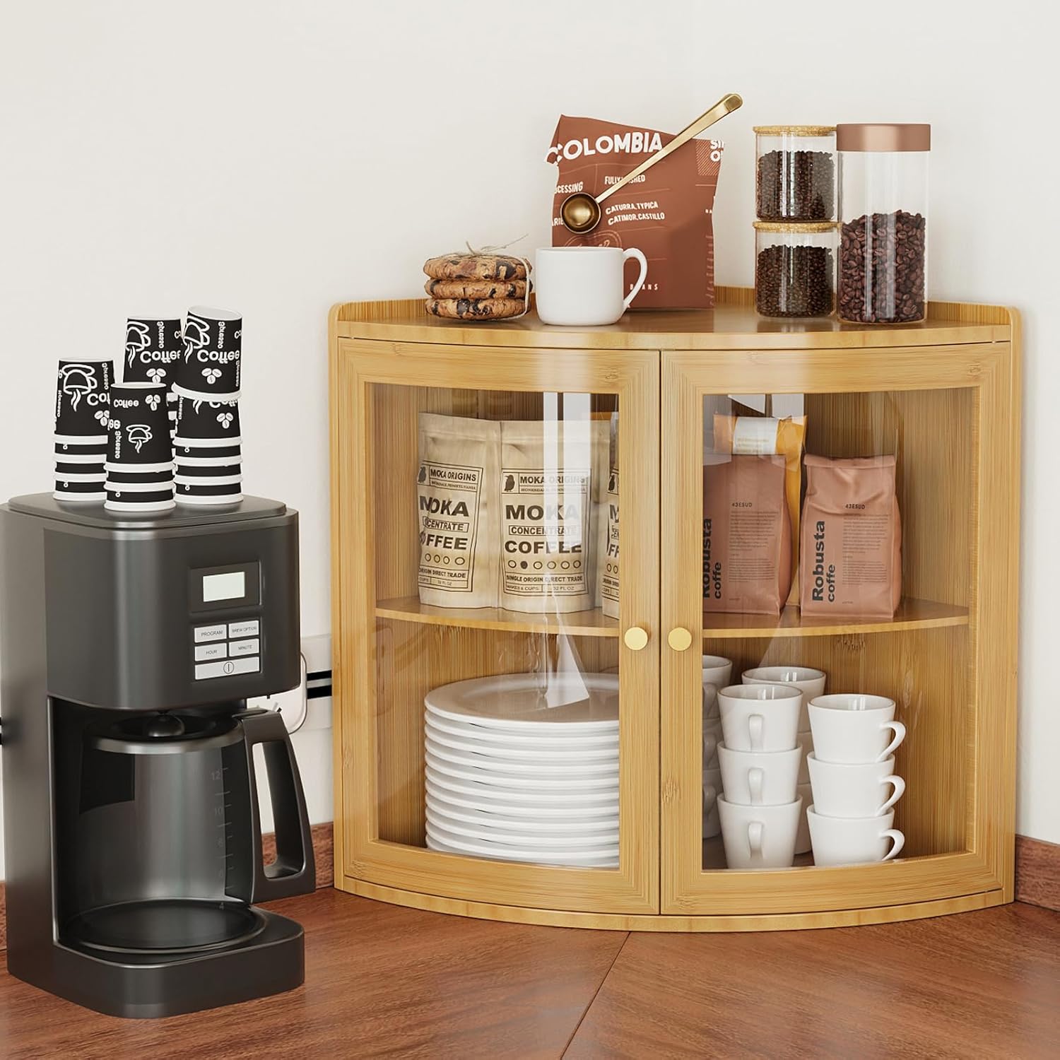 Bamboo Corner Bread Box for Kitchen Counter with Acrylic Transparent Door Large Capacity Bread Holder Double Layer Bread Storage Container for Homemade Bread (Natural Bamboo)