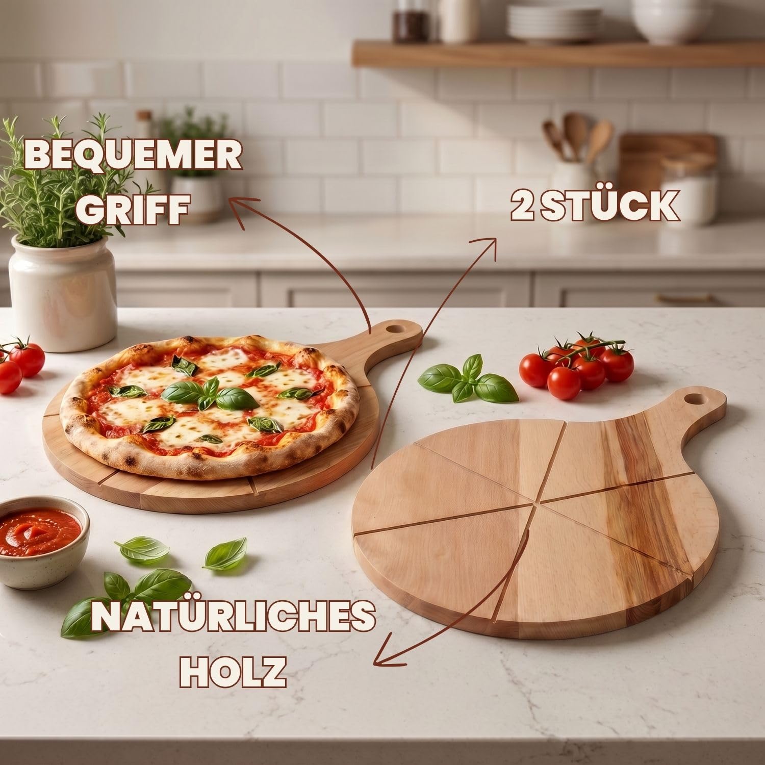 Pizzateller Holz 2er Set mit Griffen aus leichtes Buchenholz 33 cm | 33 cm, Schneidrillen, Erleichtert das Schneiden, Leicht zu reinigen, Hitzebeständig, Aufhängeloch, Für Pizza Snacks und Käse