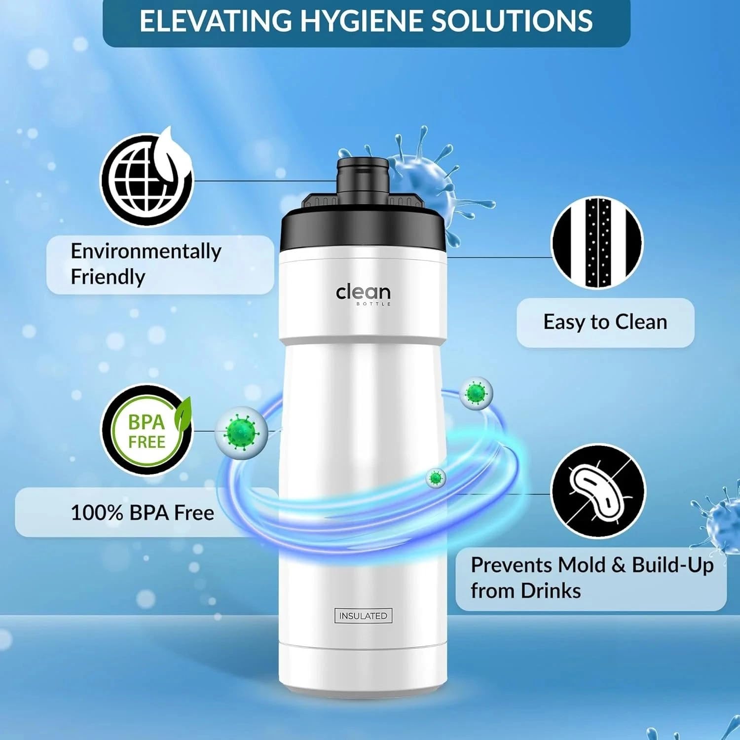 The Clean Hydration Co, Sport 20 izolowana butelka na wodę rowerową z łatwym czyszczeniem nasadką, łatwe ściskanie, do jazdy na rowerze, błyszcząca biel