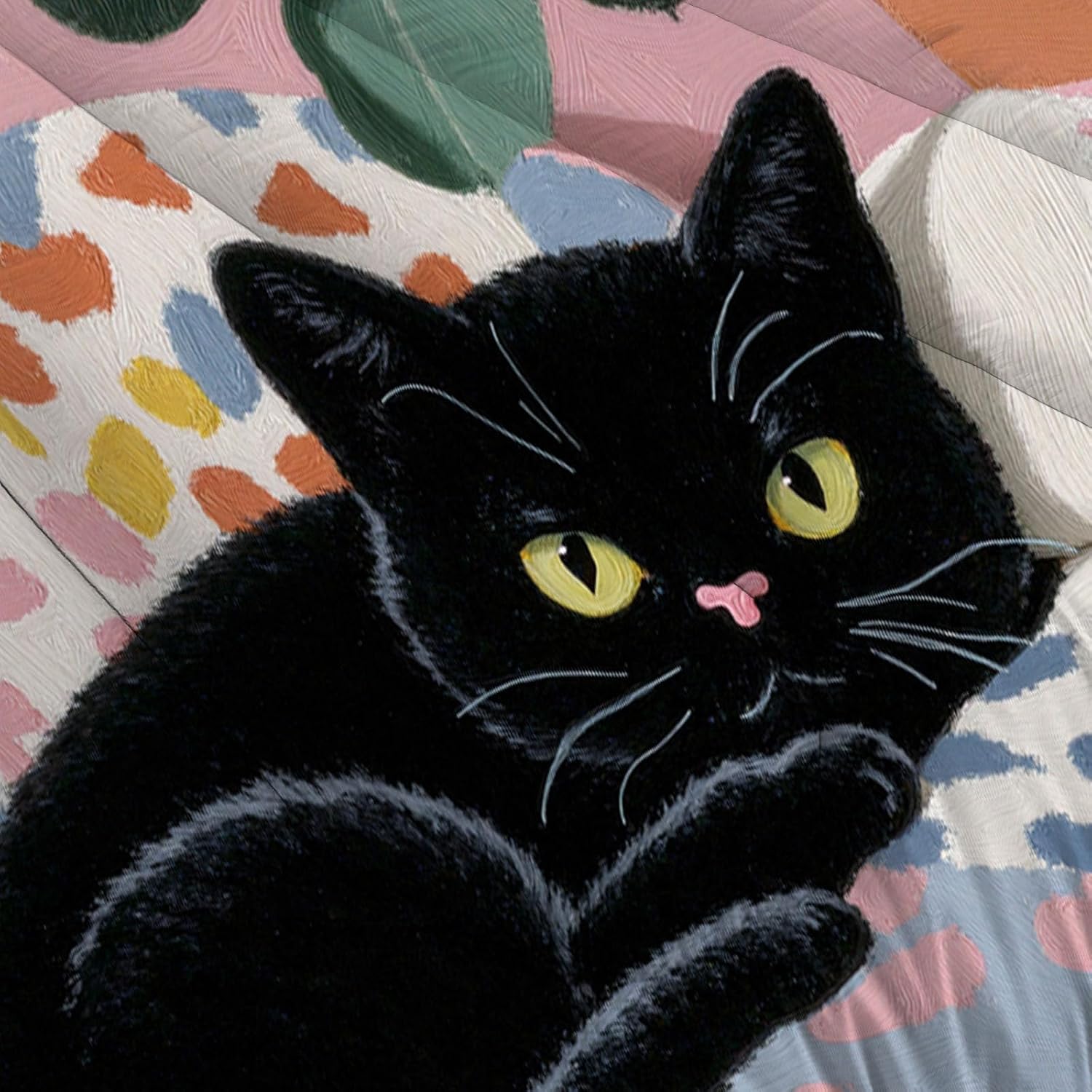 Pink Quilt/Duvet Set Queen Size, Watercolor Animals Themed Comforter Set with 2 Pillowcases, Simplicity Black Cat Print Bedding Comforters Room Decor, for Children, Girls, Boys, 90" x 90"