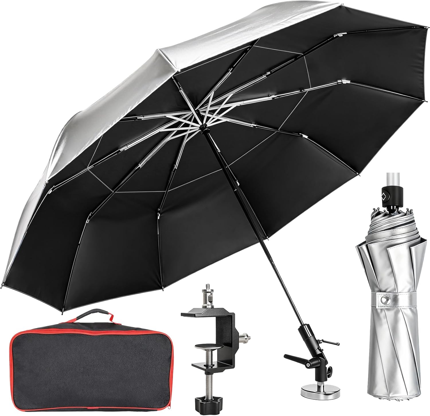60" Folding HVAC Umbrella with Magnetic Base, Universal Clip Included, Reinforced Fiberglass, Wind-Resistnat, Portable Magnetic Umbrella, For HVAC and Outdoor Activities, 180°Adjustable