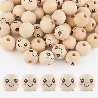 공예용 나무 비즈 50개, 구멍이 있는 20mm 스마일 나무 비즈, DIY 공예, 주얼리 제작, 천사 장식용 천연 원형 페이스 나무 비즈(D)