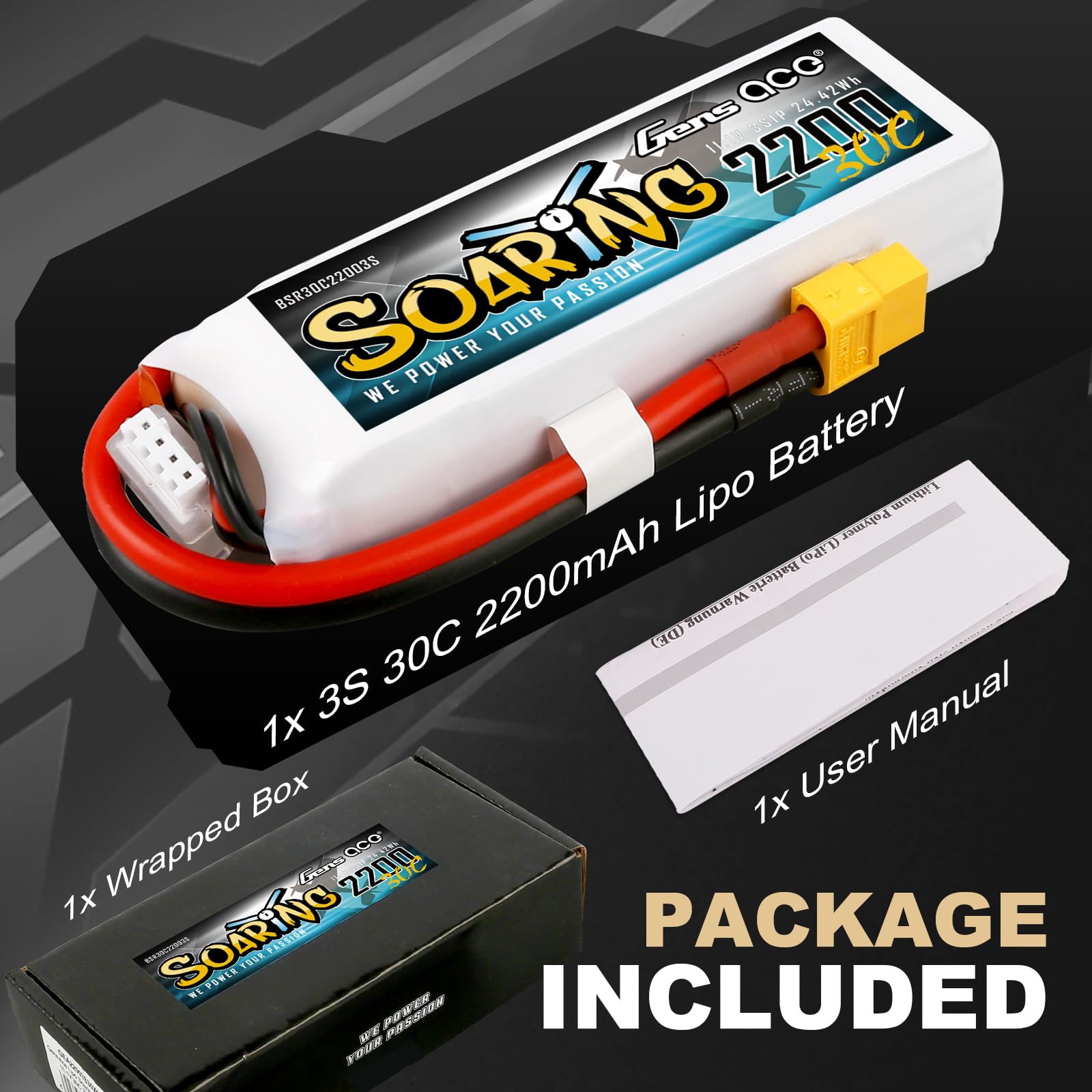 Gens ace 3s Batería Lipo 2200mAh 11.1V 30C Soaring con XT60 para RC Avión, Helicóptero, Quadcopter, Coche, Barco, Hobby
