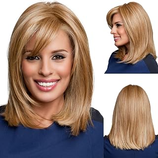 Wigs Strawberry Blonde Wig with Bangs Synthetic Hair Full Natural Wig Straight Medium Length Bob Wig Halloween Costume Wigs for Women Cosplay Wigs 14"