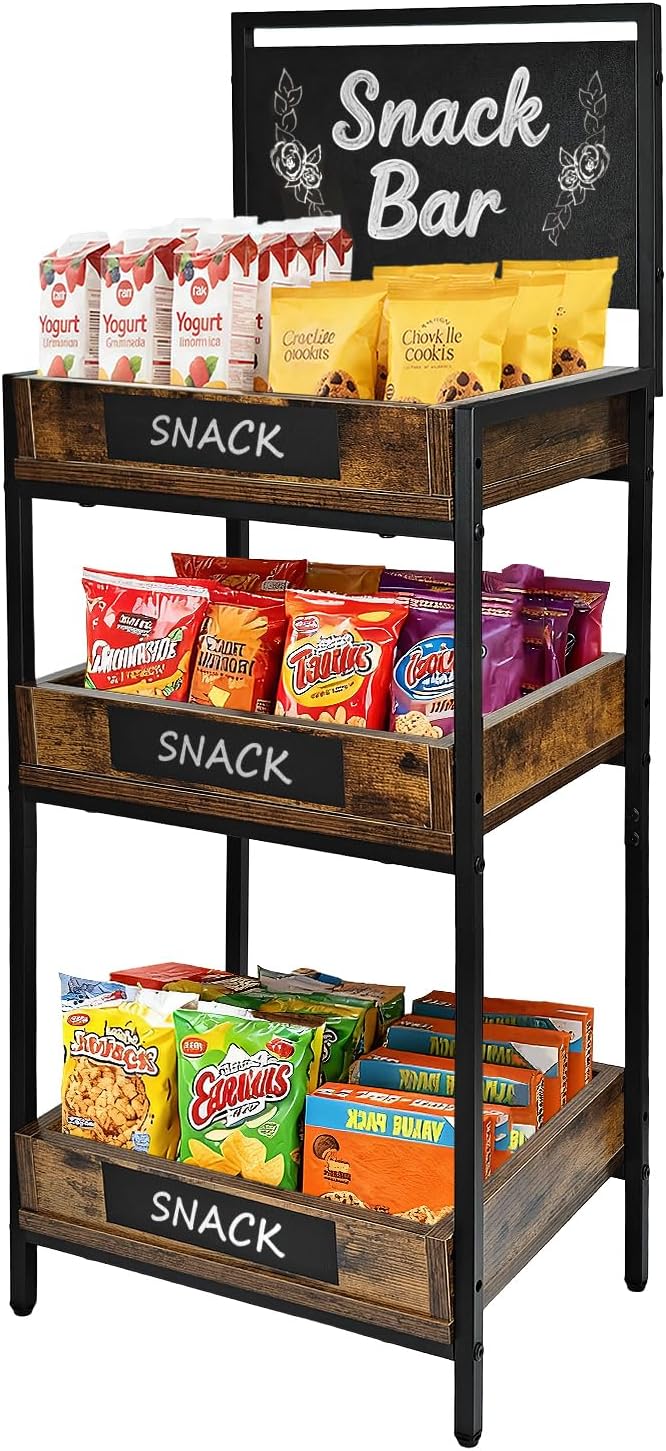 Okydoky Fruit and Vegetable Stand with Wood Trays, Bakery Display Rack, Bread Display Shelf, 3-Tier Vintage Metal Design with Woodboard Signs, for Kitchen, Office, Store, Supremarket