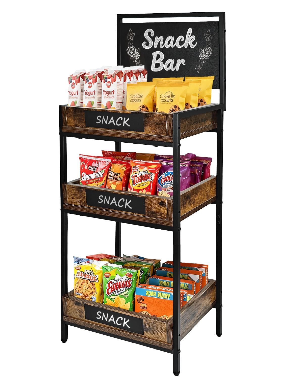 Mounting UP Rustic Brown Wood Fruit and Vegetable Display Stand with Chalkboard Signs, 3-Tier Display Shelf for Snack, Fruit, Bakery and Bread, Storage Shelf for Kitchen, Office, Store, Supermarket