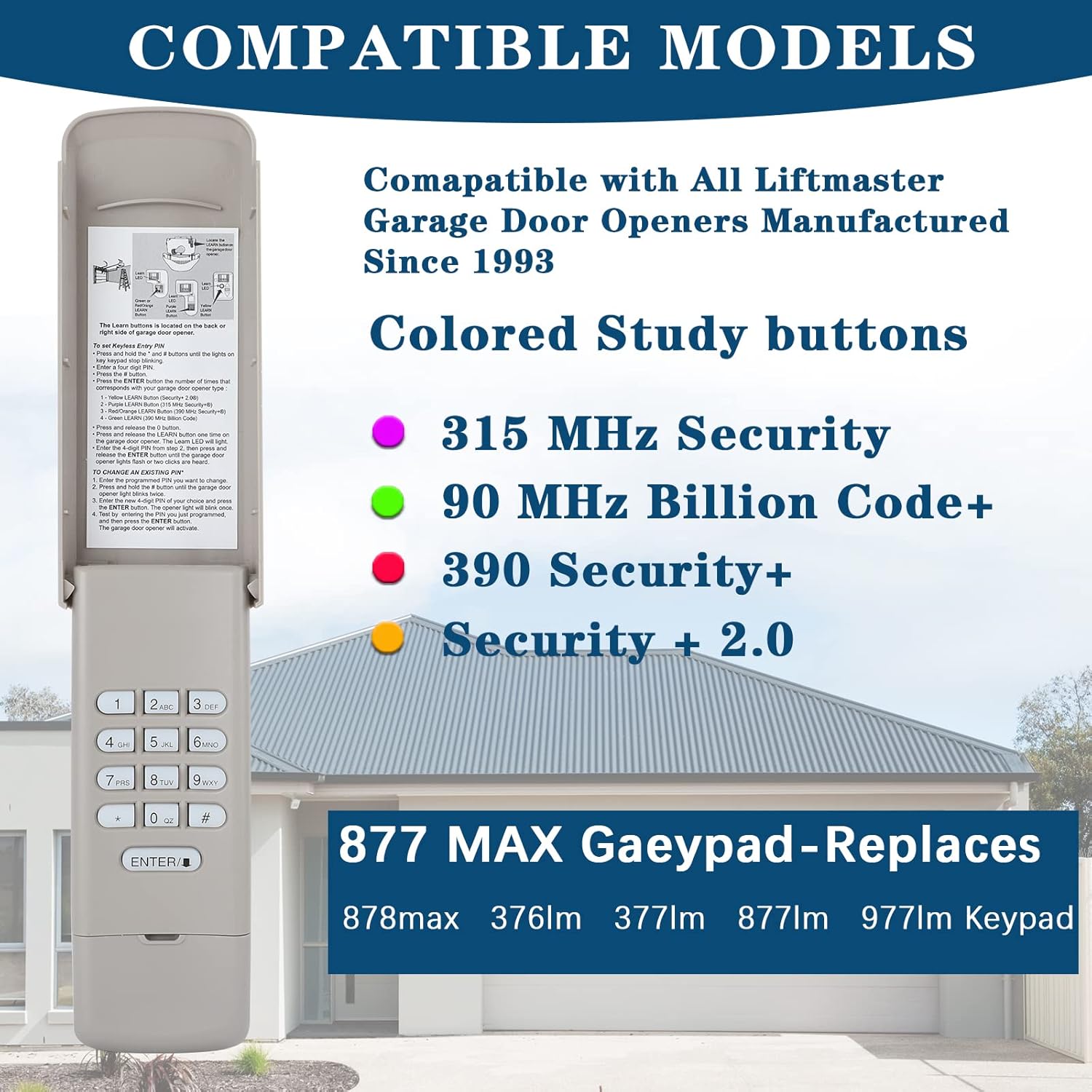 877Max Garage Door Keypad with 893max Universal Garage Door Opener Remote, Compatible with All Lift Master Garage Door Opener Remote Since 1993, Replaces 878MAX 376LM 377LM 977LM