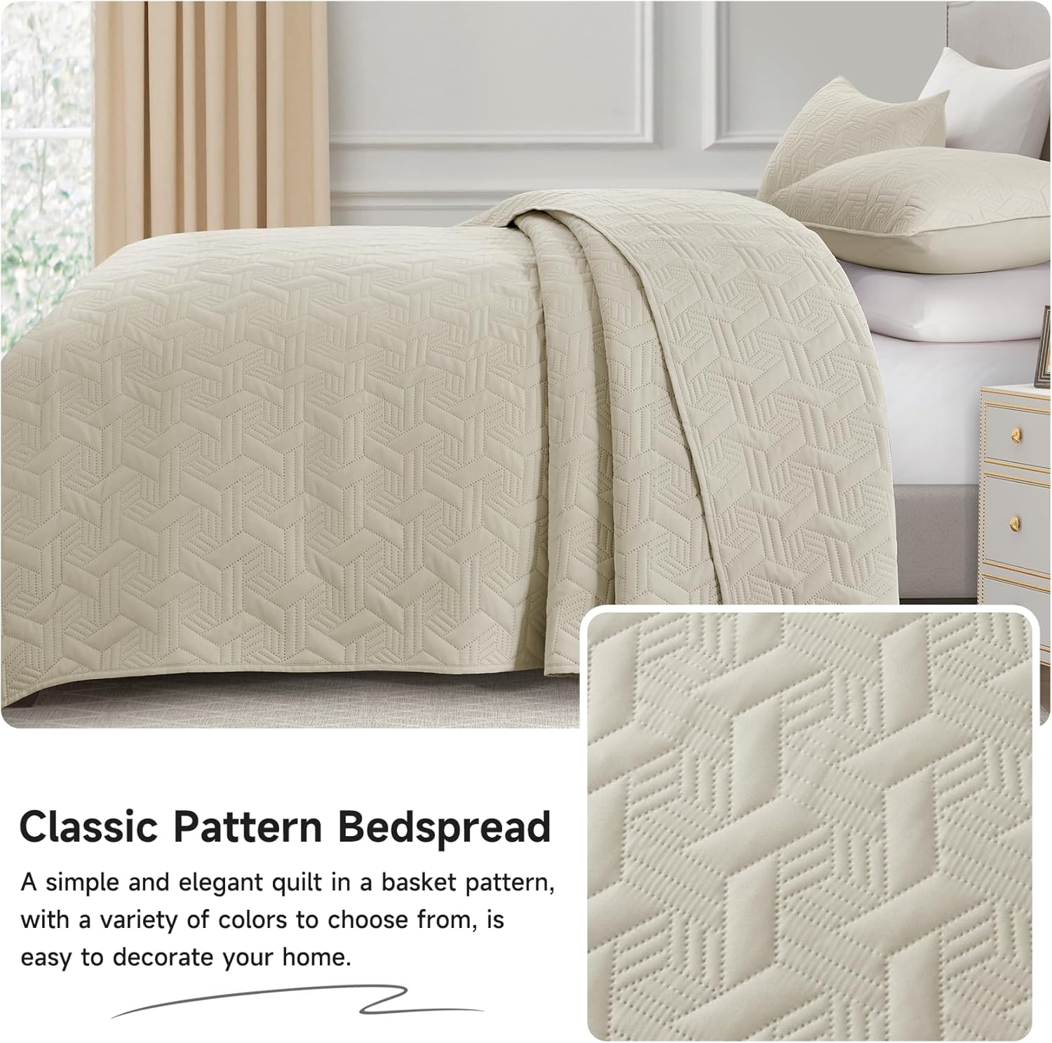Lavsiry Beige King Size Quilt Bedding Set with Pillow Shams, Summer Lightweight Bedspread Coverlet, Soft Quilted Blanket Thin Comforter for All Seasons
