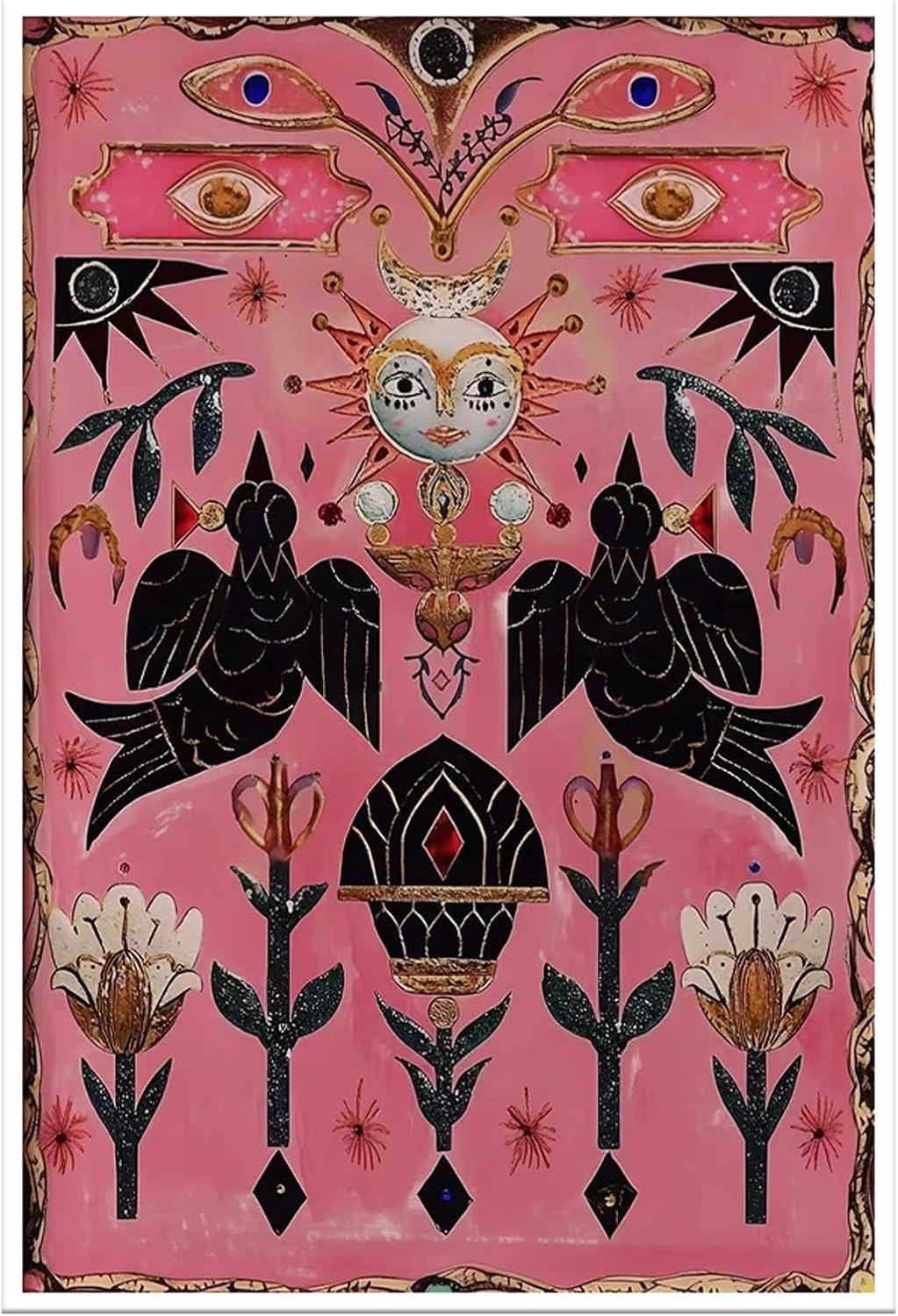 Pink Mystical Moon Goddess Canvas Poster Vintage Gothic Folk Magic Symbolism Wall Art Surreal Celestial Witchy Aesthetic Home Decor Bohemian Occult Crow Picture for Bedroom 12x16inch Metal Black Frame
