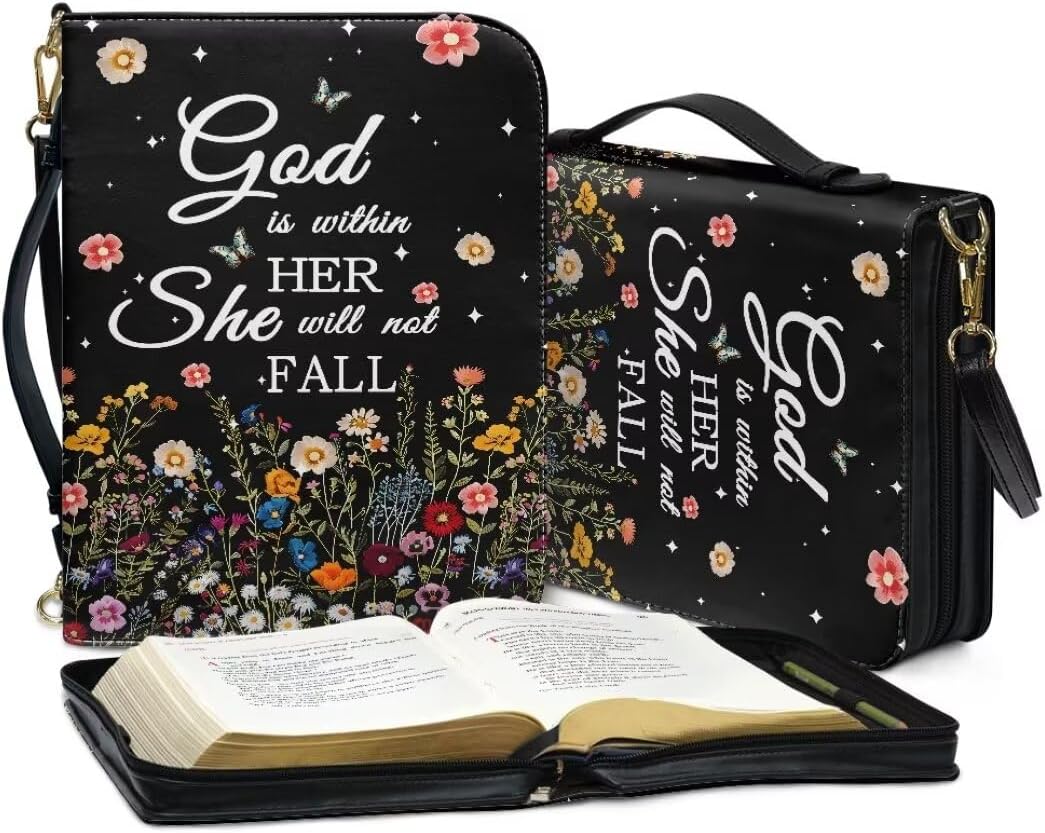 Coldinair Floral Bible Cover Case for Women,God is Within Her PU Leather Bible Cover Bag Large Size Study Bible Tote Bag Carrying Book Scripture Journaling Notebook Protector