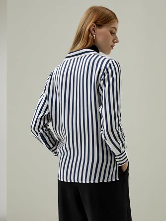 LilySilk Womens 100% Silk Shirt Ladies Blue White Pinstripes Blouse with V Neck and Long Sleeve Work Casual All Season