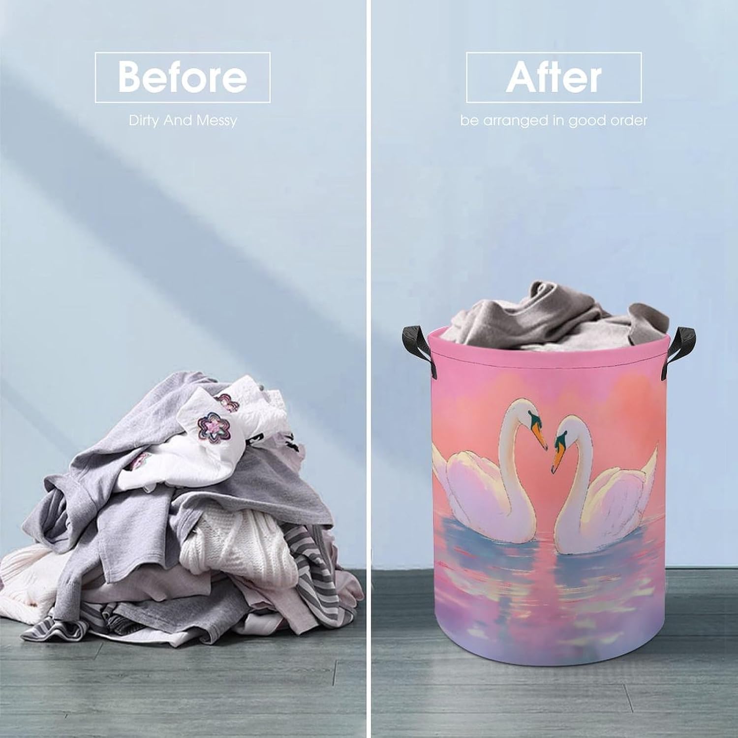 Two Swans in Love Laundry Hamper Basket for Home Bathroom | clothes storage,handle,large capacity,oxford
