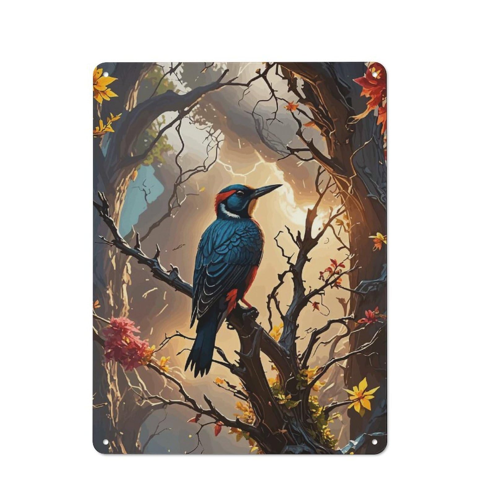 Junmoney Bird In Autumn Forest Vintage Tin Wall Plaque 40X30cm For Hallway Wall, For Kitchen, Dining Room And Home Bar Wall Decor
