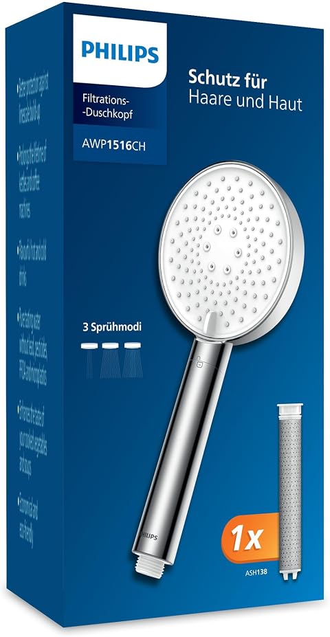 Philips Water Duschkopf mit Filter, entfernt effektiv Chlor und andere große Partikel, drei Sprühmodi, druckverstärkendes Design, 1 Monat Filterkapazität, chrom