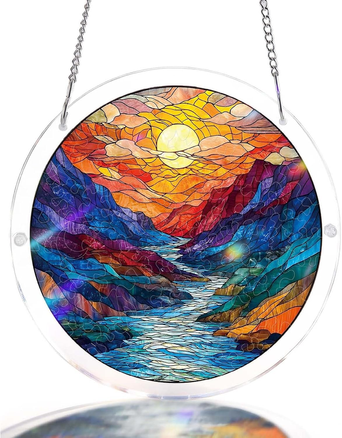 Acrylic Jigsaw Puzzle Suncatcher, Sun Catcher Acrylic Puzzles Garden Decoration for Women,Men,Mom,Friends Birthday Gift Home Decor (Medium, Glazed Mountain Moon)