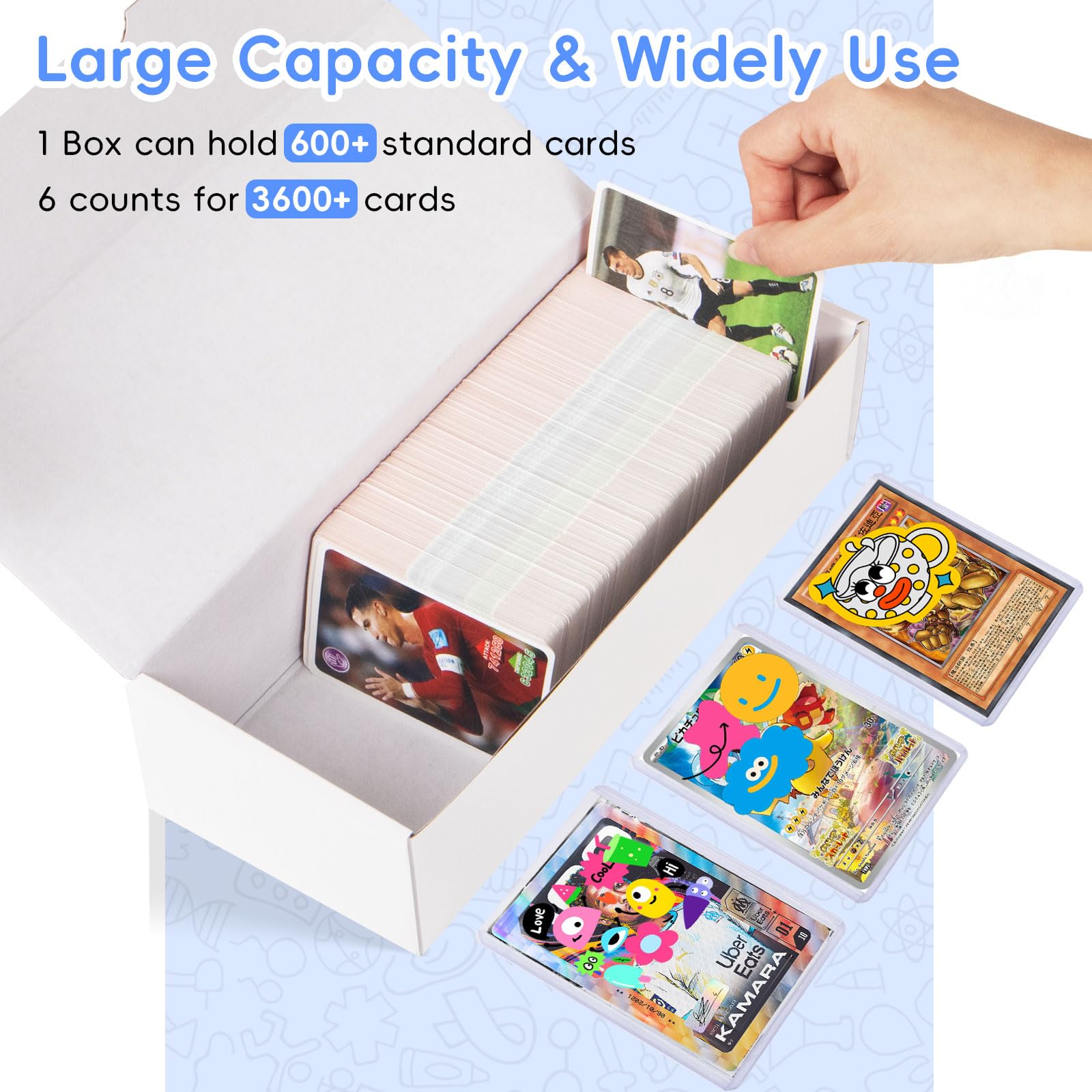 Scatole portaoggetti per carte, confezione da 6, 3600 pezzi, scatole di cartone per carte sportive, giochi da collezione e carte collezionabili, scatola per collezionisti di carte, 3 pennarelli