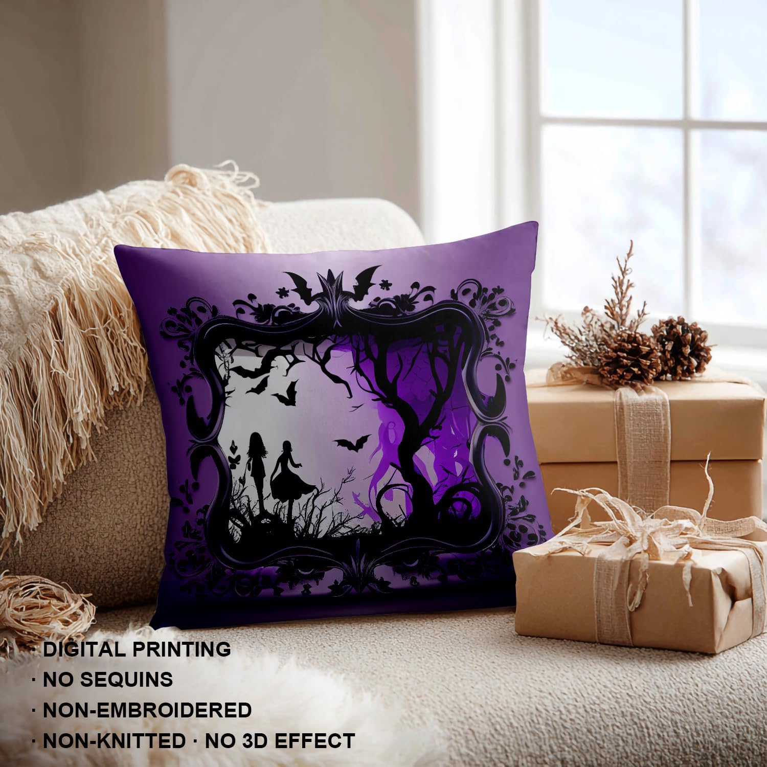 Shrahala Halloween Purple Silhouette Decorative Throw Pillow Cover, Witch Silhouette Square Pillowcase Blended Double-Sided No Inserts for Bedroom Living Room Set of 2 (20 x 20 in)