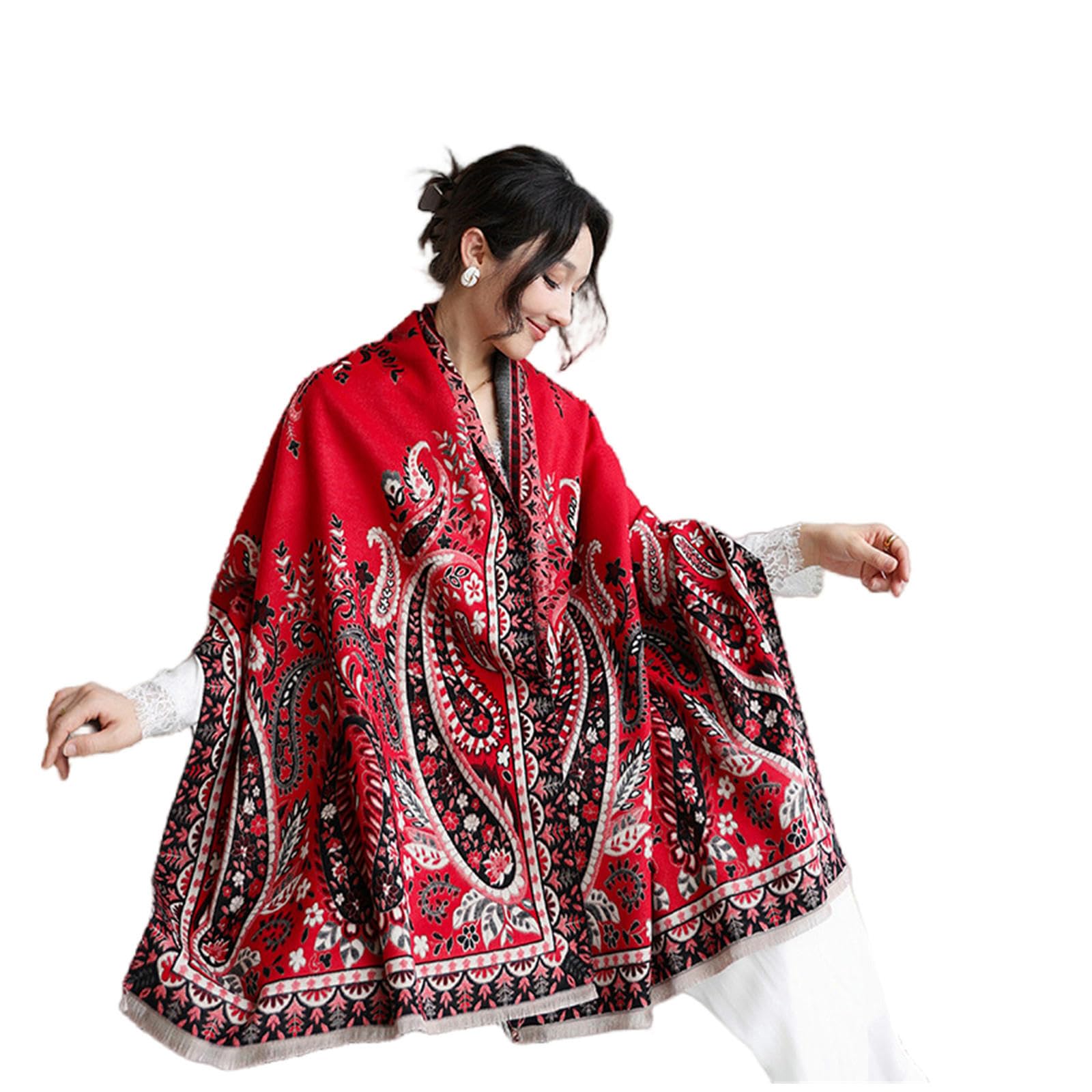 Sciarpa Donna Sciarpa Femminile Imitazione A Doppia Faccia Cashmere Spessa Morbida Stampa Calda per La Protezione Solare A Scialle di Grandi Scialli Regalo 65 * 190cm-rosso