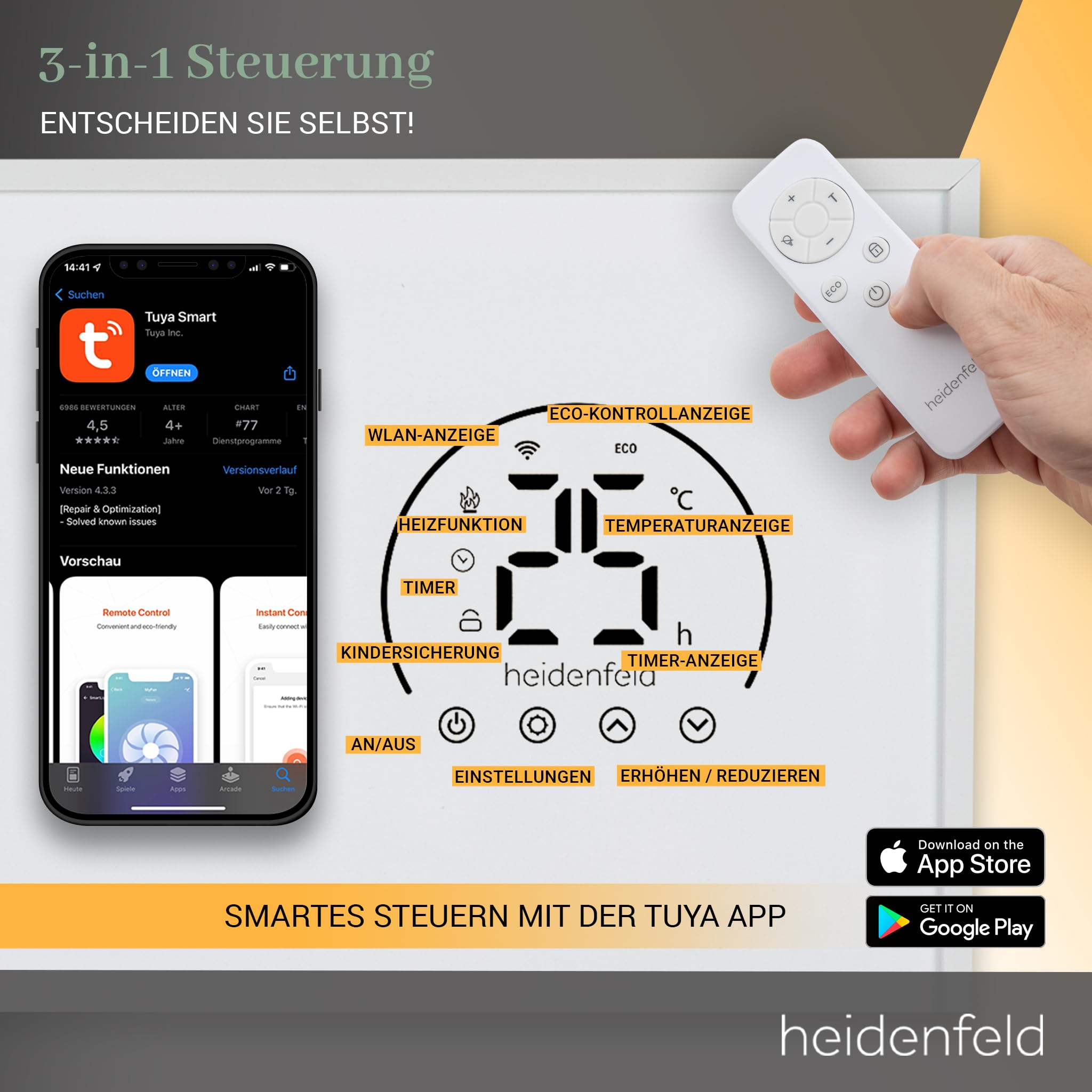 Heidenfeld Infrarotheizung HF-HP140 | 800 Watt bis 20 m² | 3in1 Steuerung via App | Fernbedienung | Touch-Bedienfeld | Mobile Elektroheizung | Infrarot Heizkörper mit Thermostat (HF-HP140 800 Watt)