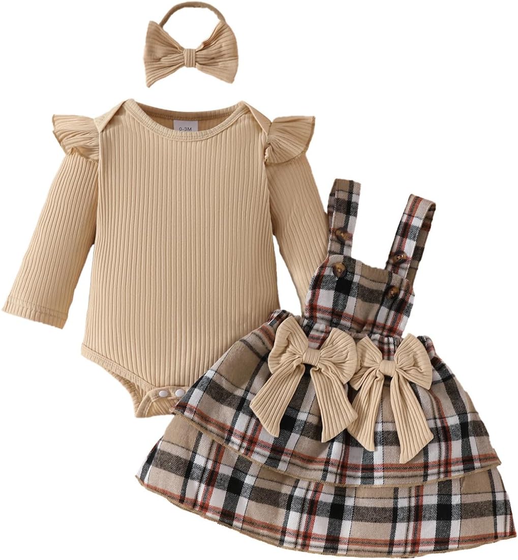 Ensemble jupes pour nouveau-né fille, manches longues/courtes, haut volant + salopette à carreaux/robe à nœud papillon, vêtements d&rsquo;automne et d&rsquo;hiver