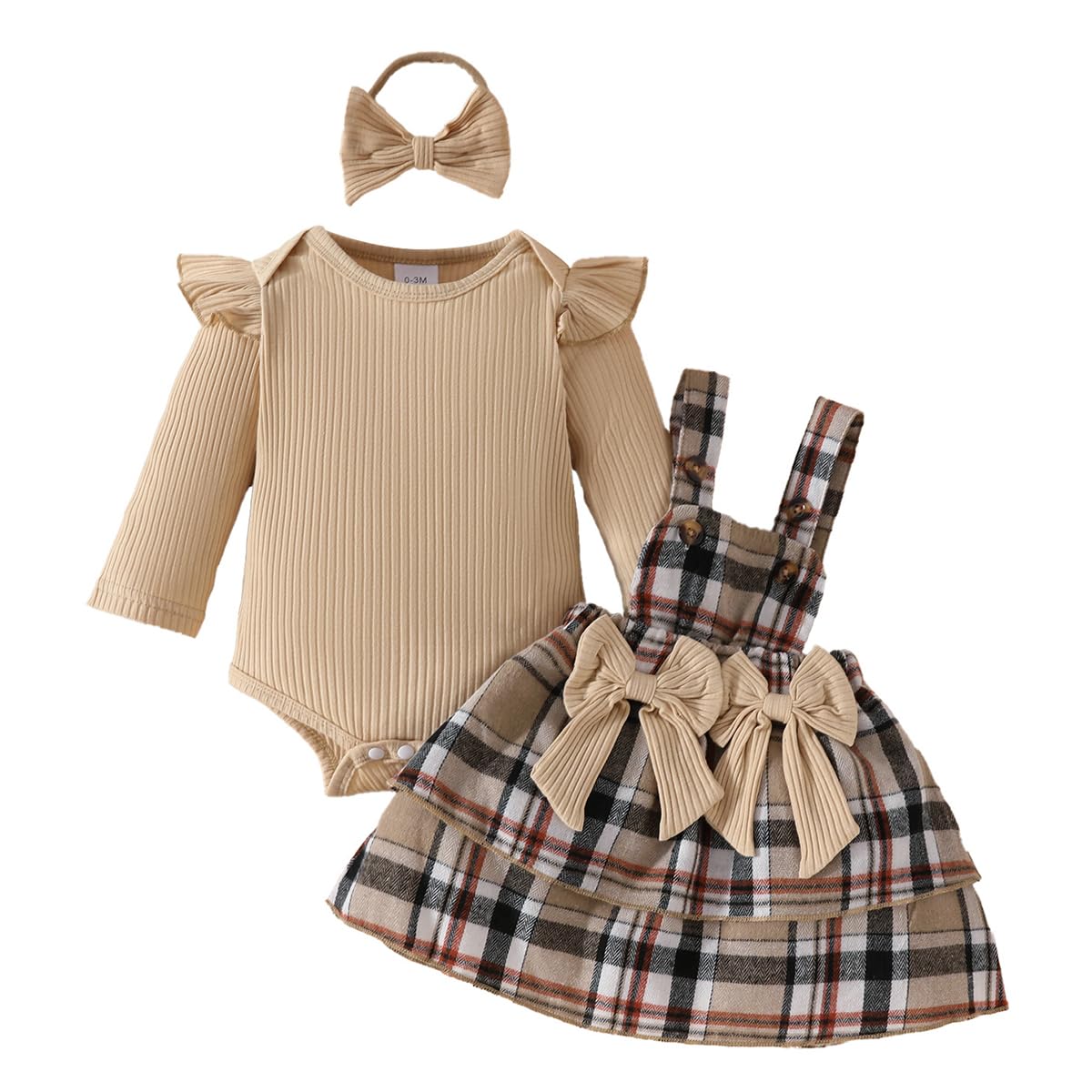 Conjunto Faldas para Niñas Recién Nacidas Manga Larga/Corta Top con Volantes + Cuadros/Osos Cariñosos Vestido con Tirantes Otoño Invierno Ropa Trajes