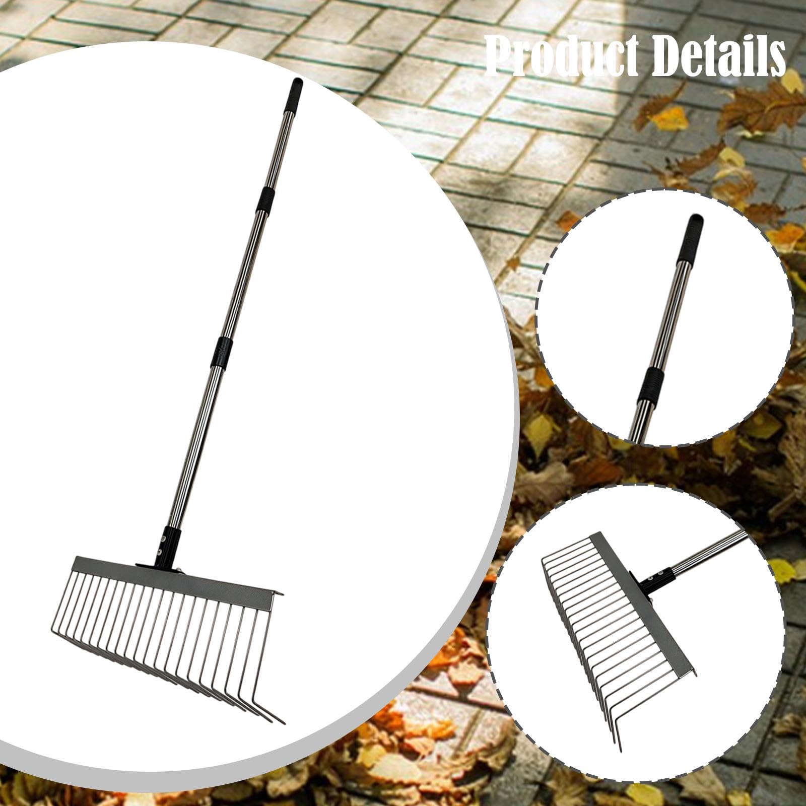 Rastrello per Foglie da Giardino con 21 Denti, Forma di L, Versatile, Professionale, per Aiuole, Asta in Metallo Regolabile, 40, 125 Cm 3 Sezioni