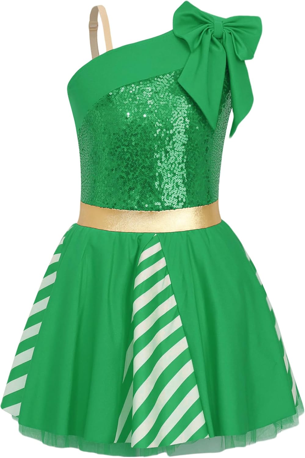ranrann Christmas Dance Dress for Girls Sequins One Shoulder Striped Figure Ice Skating Leotard Performance Dress