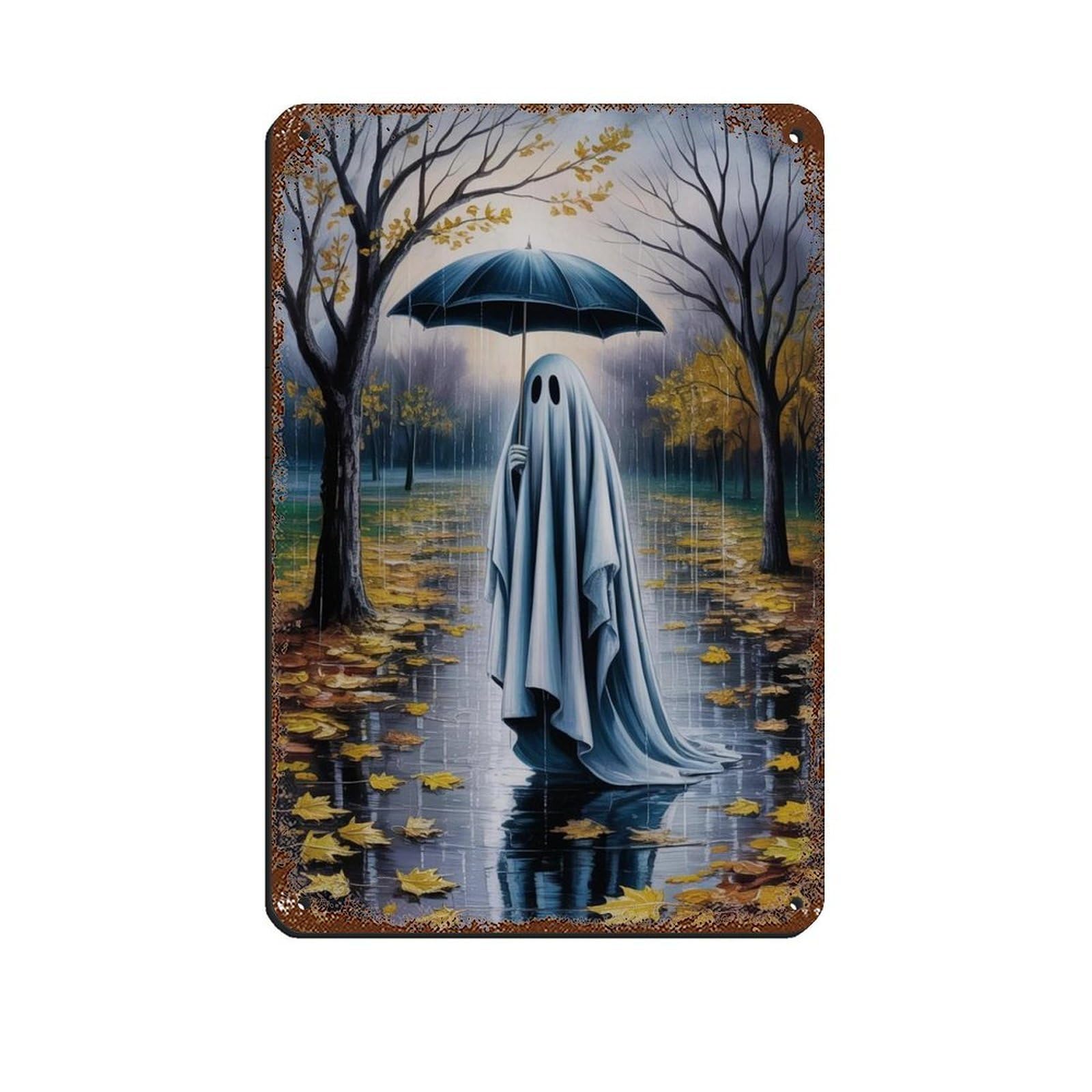 Ghost with Umbrella in Rain Poster, Spooky Art Retro Poster Metal Tin Sign Chic Art Retro Iron Painting Bar People Cave Cafe Family Garage Poster Wall Decoration 8x12inch(20x30cm)
