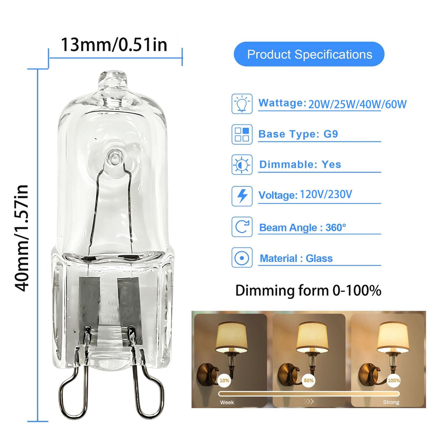 20PCS Lampen G9 230V 60W G9 Kapsel Glühbirnen Warmweiß 2700K Dimmbar Lampen