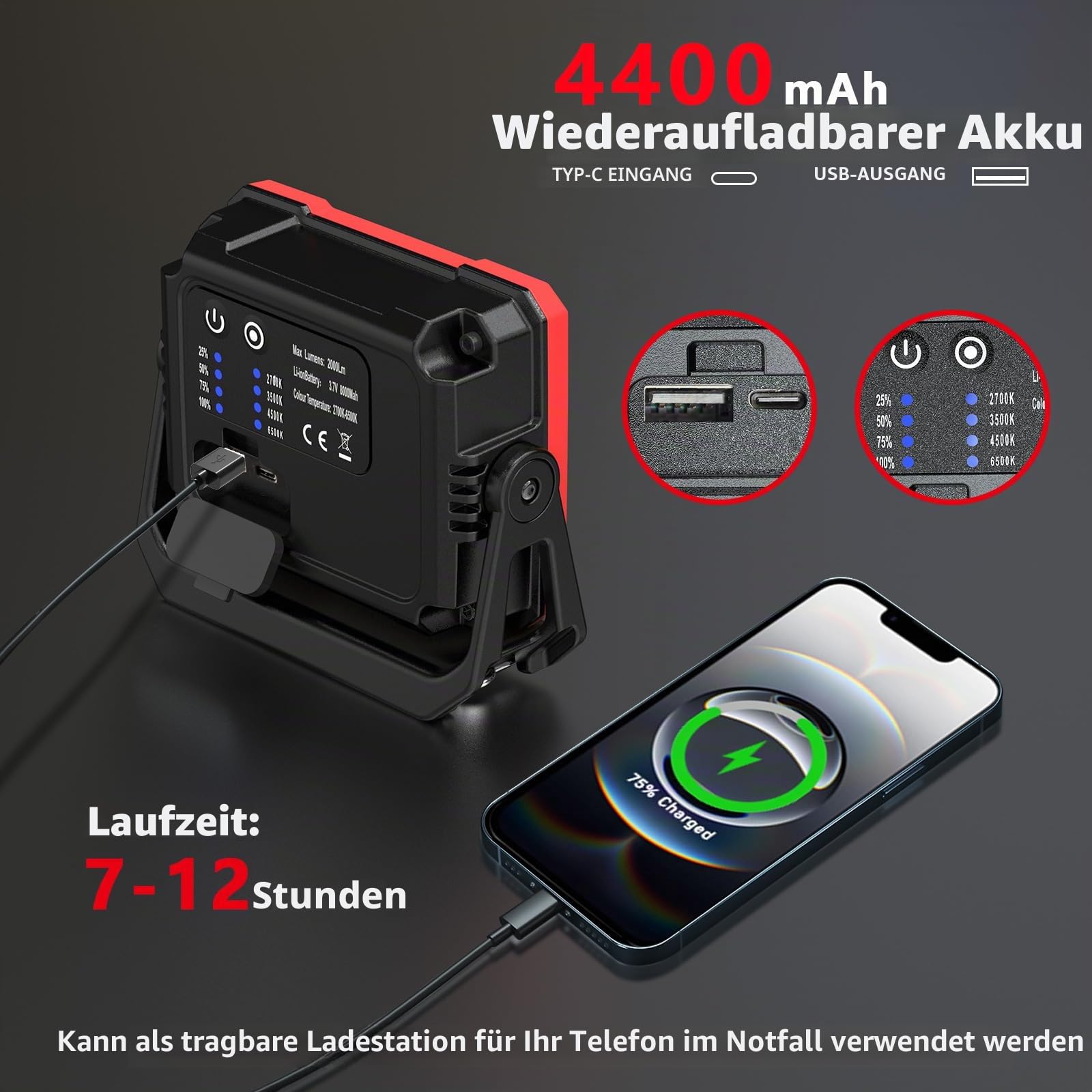 2 Stück LED Arbeitsleuchte, 2000 Lumen Super Helle Werkstattlampe, Tragbare Akku Lampe Inspektionslampe mit Powerbank Funktion, für Garage Werkstatt Baustelle Camping (Rot1-2)