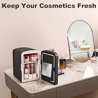 Iceblue Mini Fridge, 4 Liter /6 Cans Makeup Fridge with LED Mirror (Black)