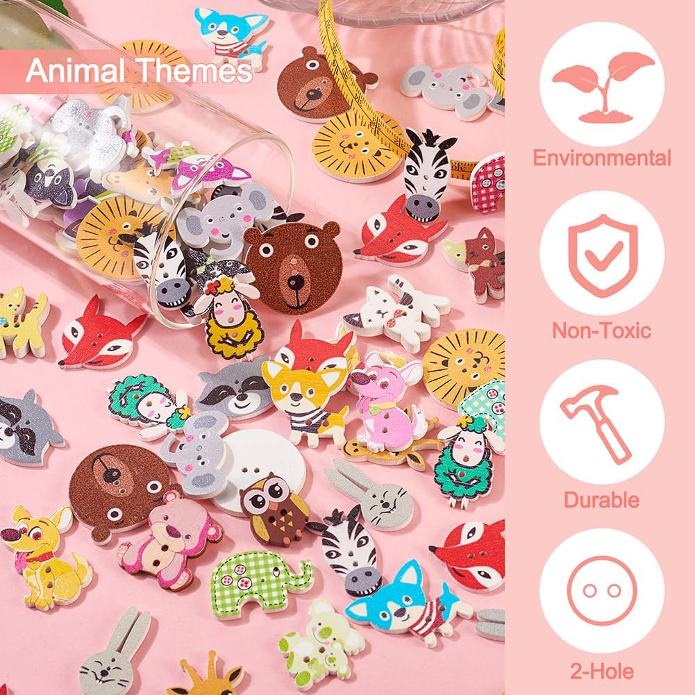 KISSITTY 160Pcs Animal Theme Wood Buttons 2 Hole Cartoon Animal Wood Button Cute Decorative Wooden Buttons for DIY Clothes Sewing Scrapbooking Decor Crafts
