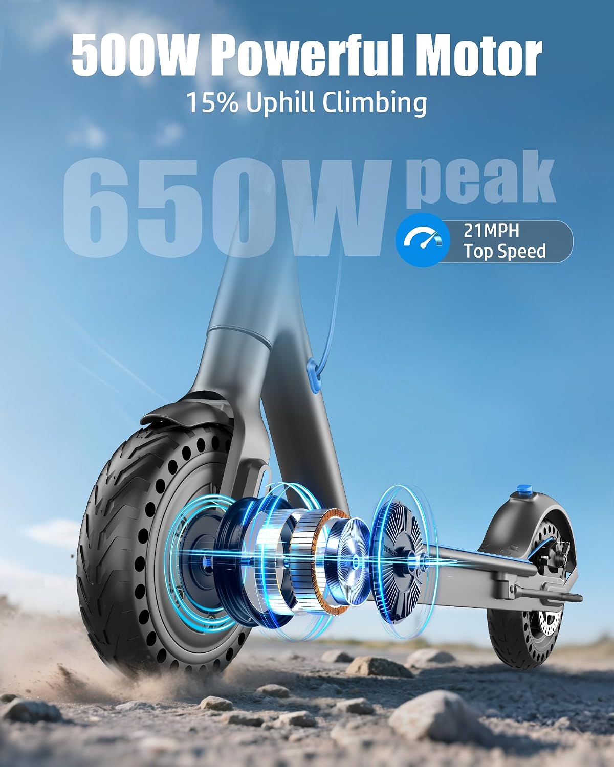 Diagram illustrating the 500W/650W peak motor and its components within the scooter wheel.