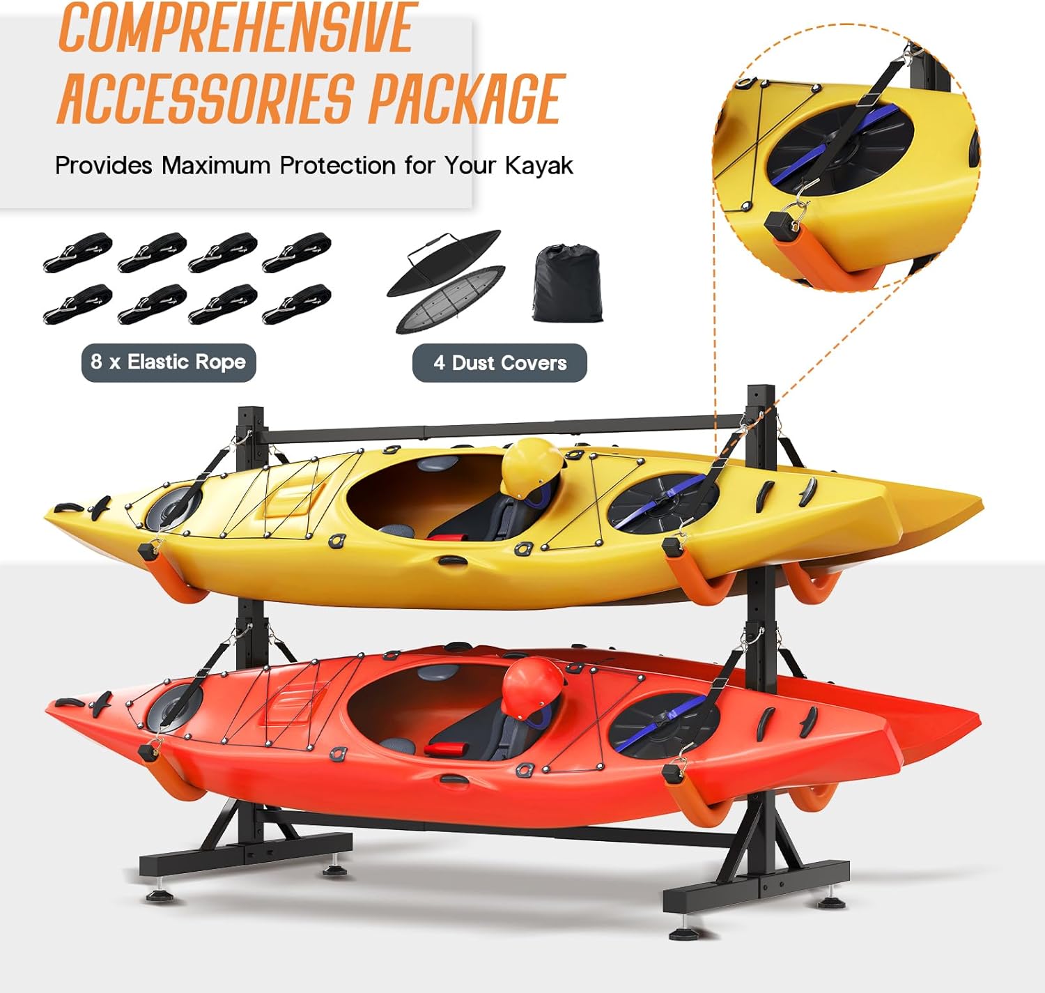 SPECRAFT Freestanding Kayak Storage Rack, Adjustable Width Stand with Stable Base, Elastic Ropes, EVA Tube Sleeves, for Indoor Outdoor Garage