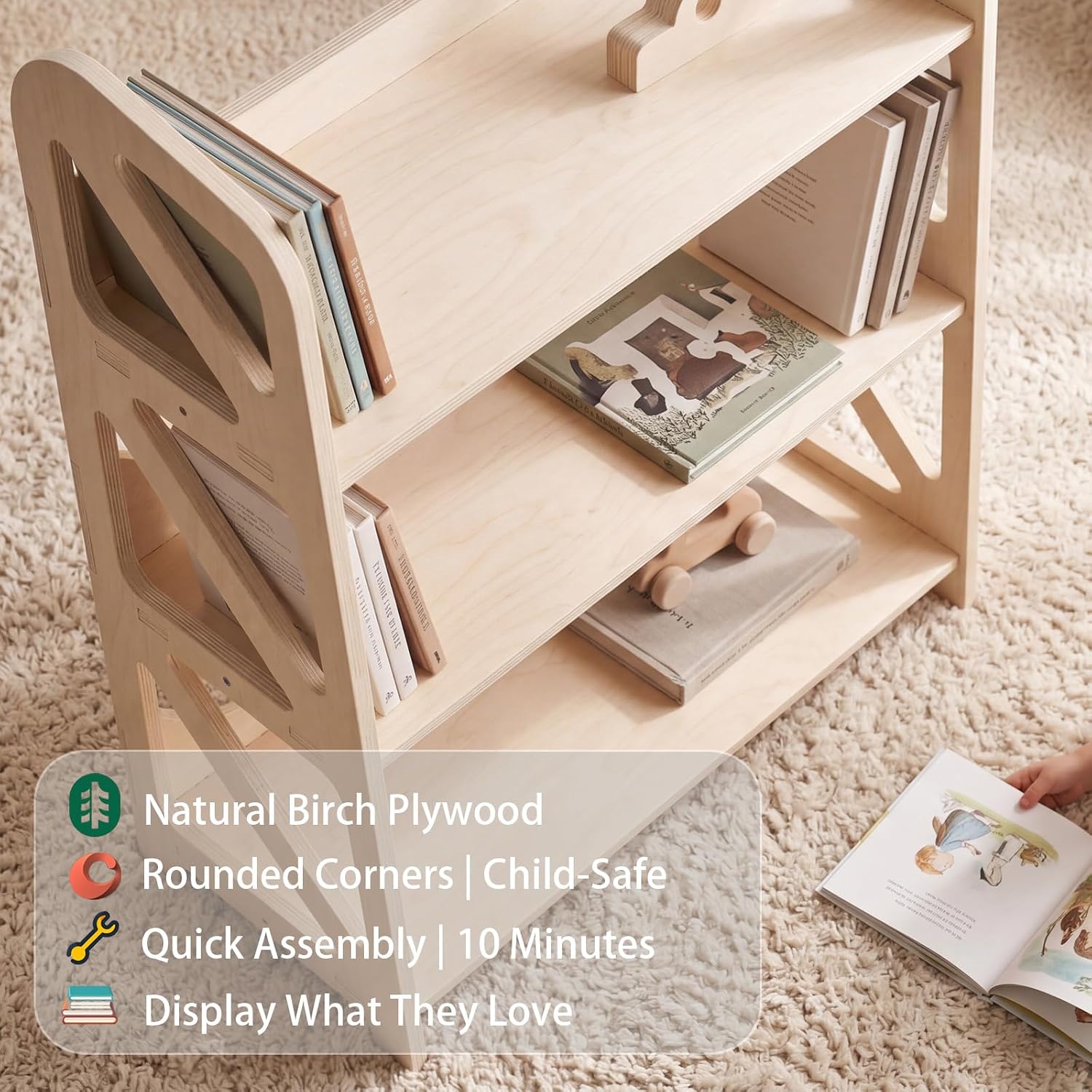 Montessori Shelf for Kids - 3-Tier Wooden Bookshelf & Toy Storage | Natural wood display stand for playroom & classroom, organizing shelf for kids books, toys and collectibles