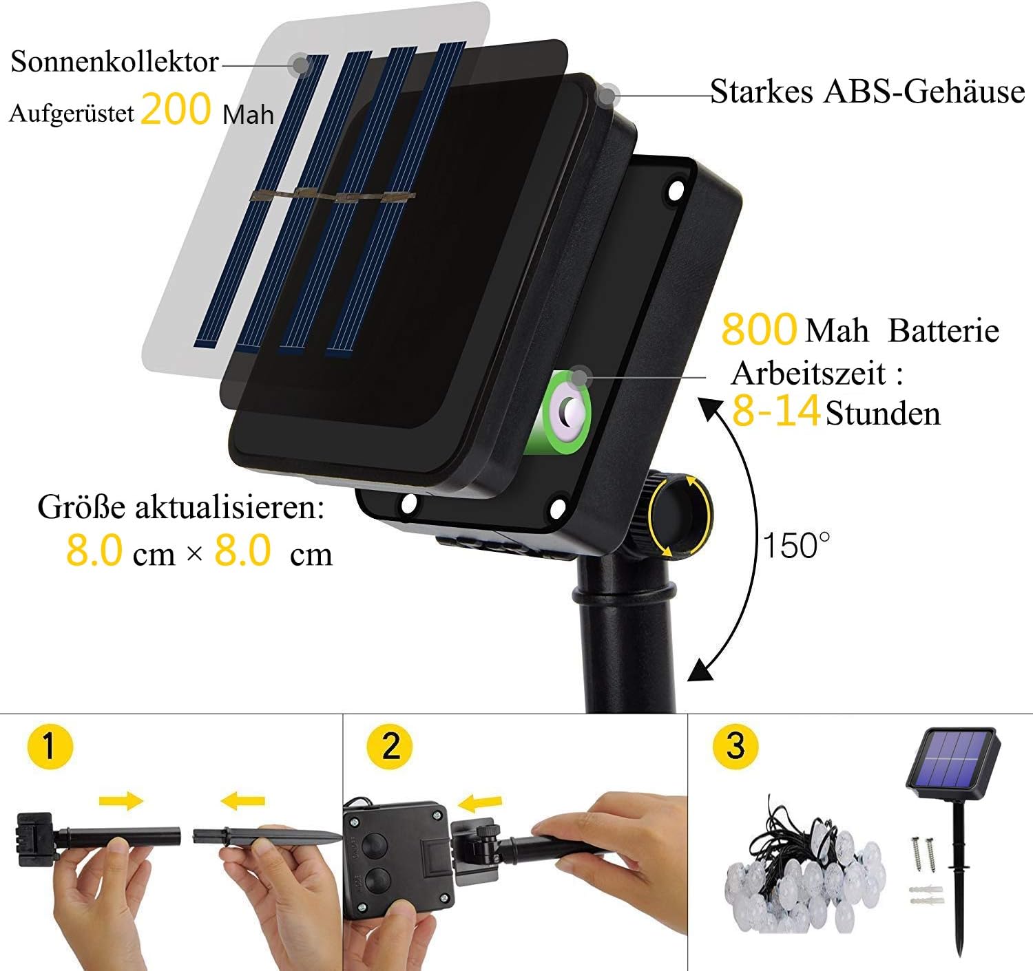Solar panel with ground stake, showing day and night operation.